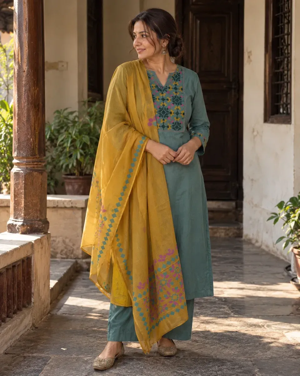 Pista Floral Yoke Kurta Set, photo 1 of 4