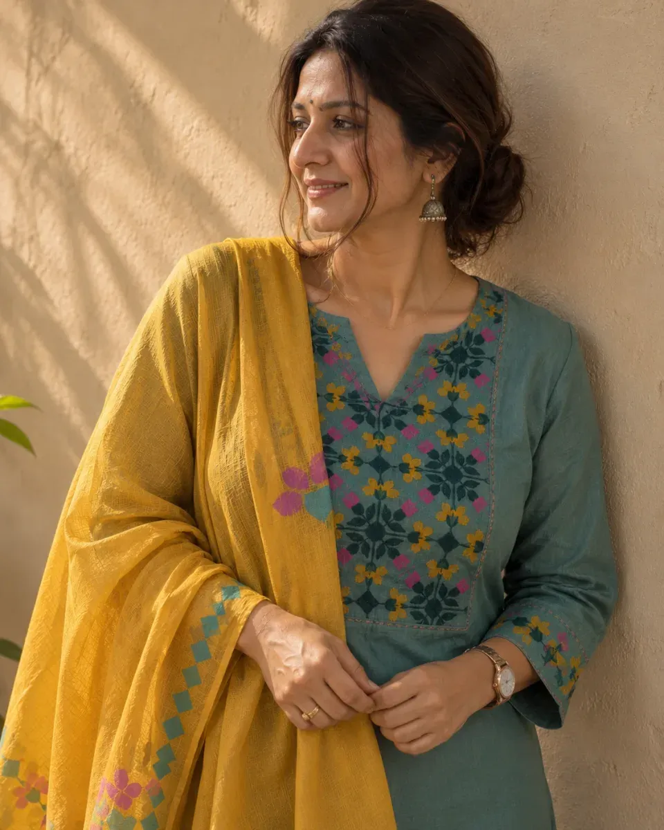 Pista Floral Yoke Kurta Set, photo 2 of 4