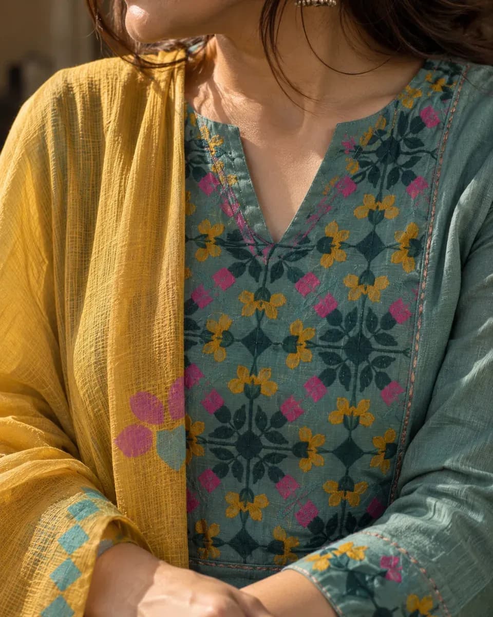 Pista Floral Yoke Kurta Set, photo 3 of 4