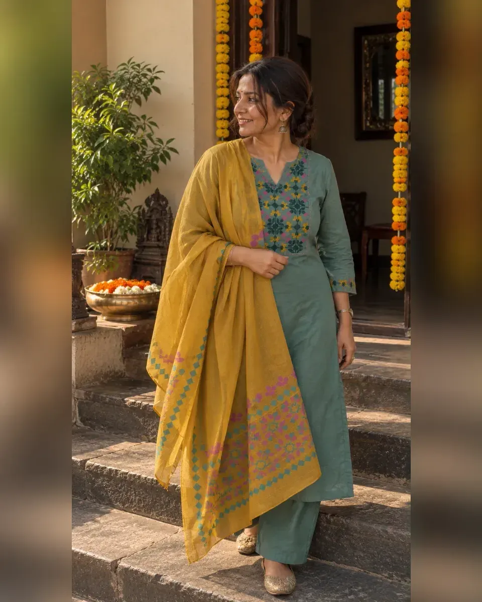 Pista Floral Yoke Kurta Set, photo 4 of 4