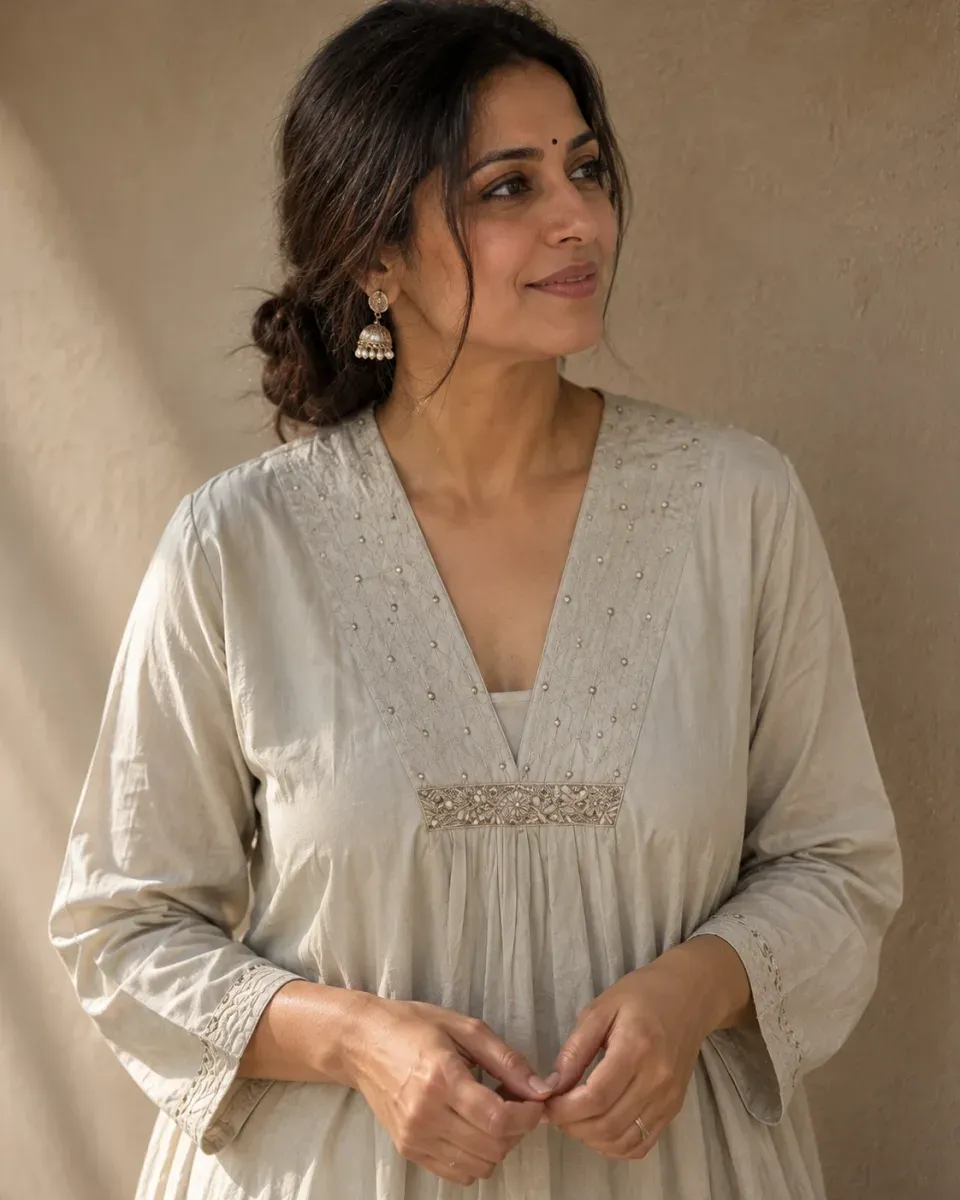 Moti Ivory Pleated Kurta Set, photo 3 of 5
