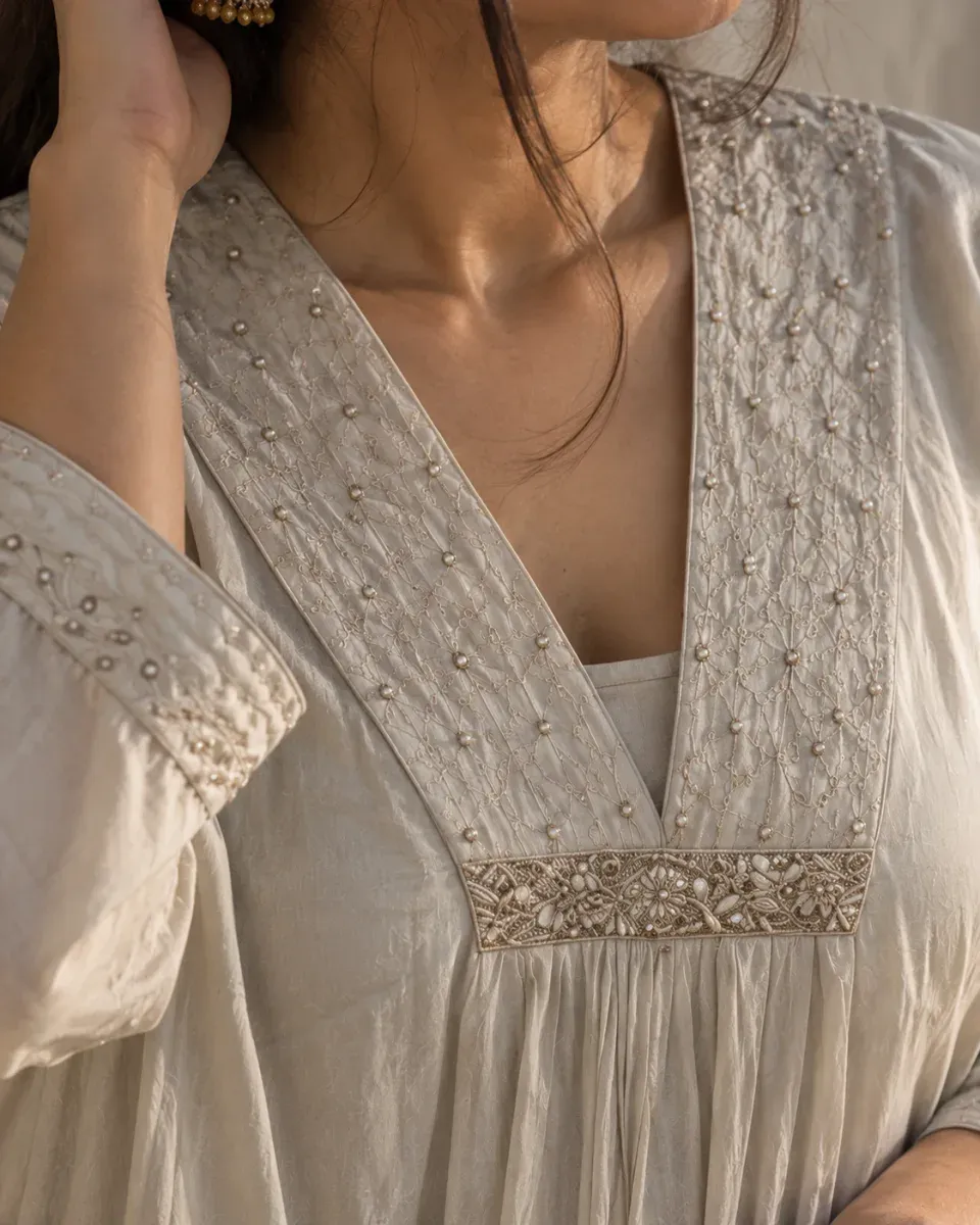 Moti Ivory Pleated Kurta Set, photo 4 of 5