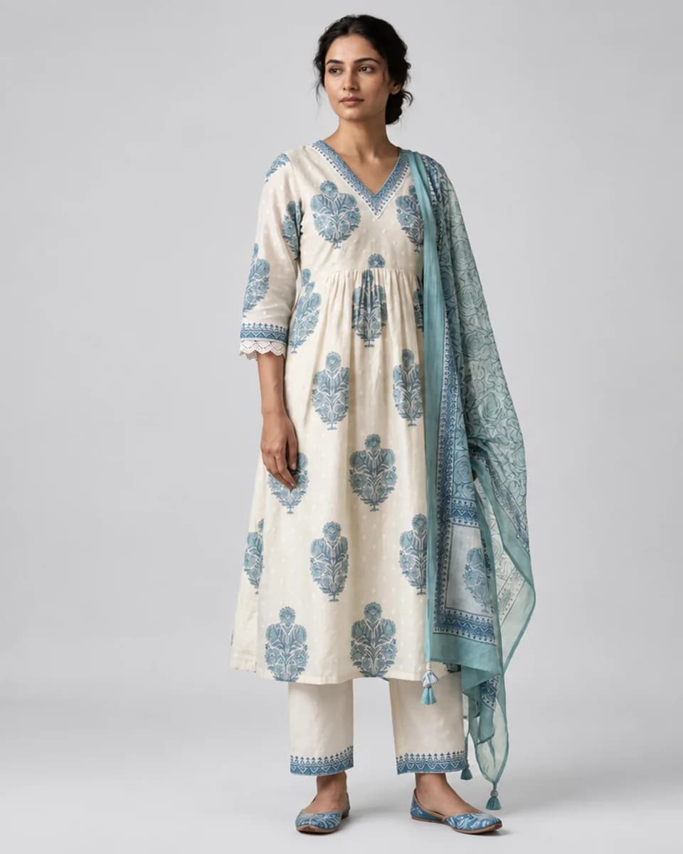Ivory Block-Print Kurta Set, worn by a model