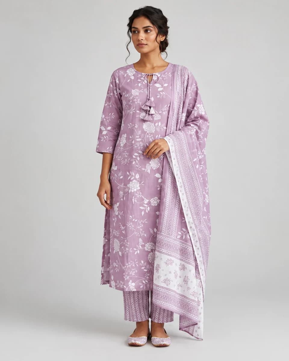 Lavender Floral Kurta Set, worn by a model
