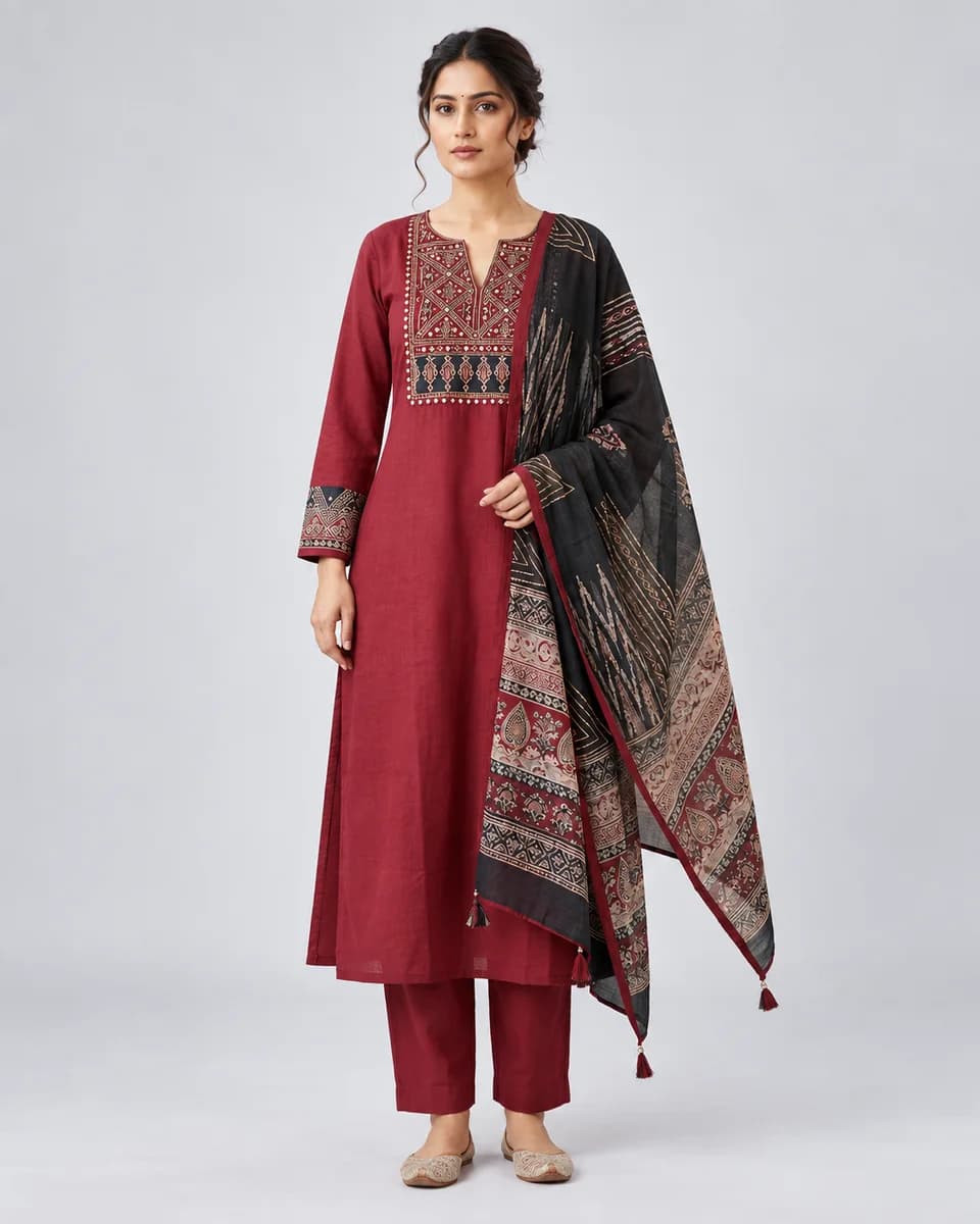 Maroon Embroidered Kurta Set, worn by a model