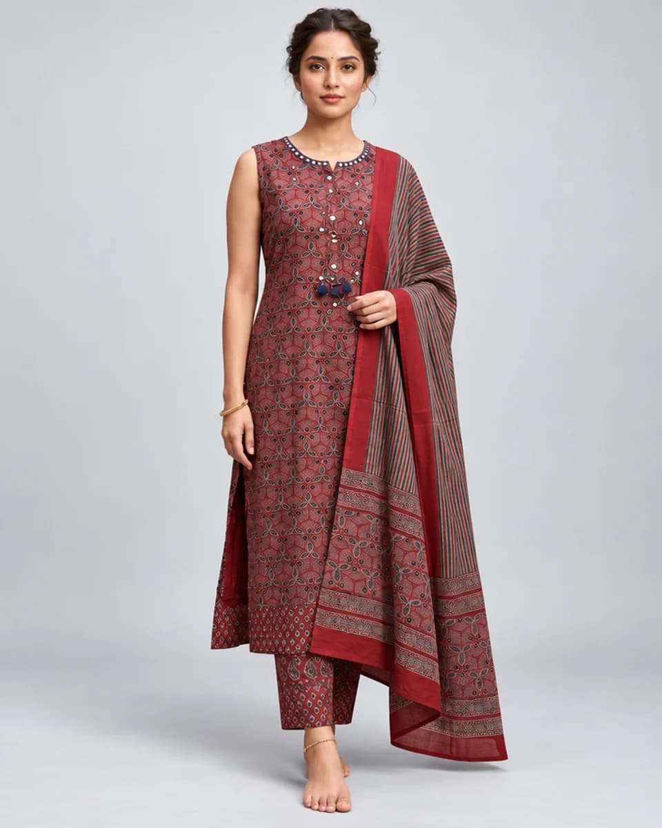 Maroon Mirrorwork Kurta Set, worn by a model