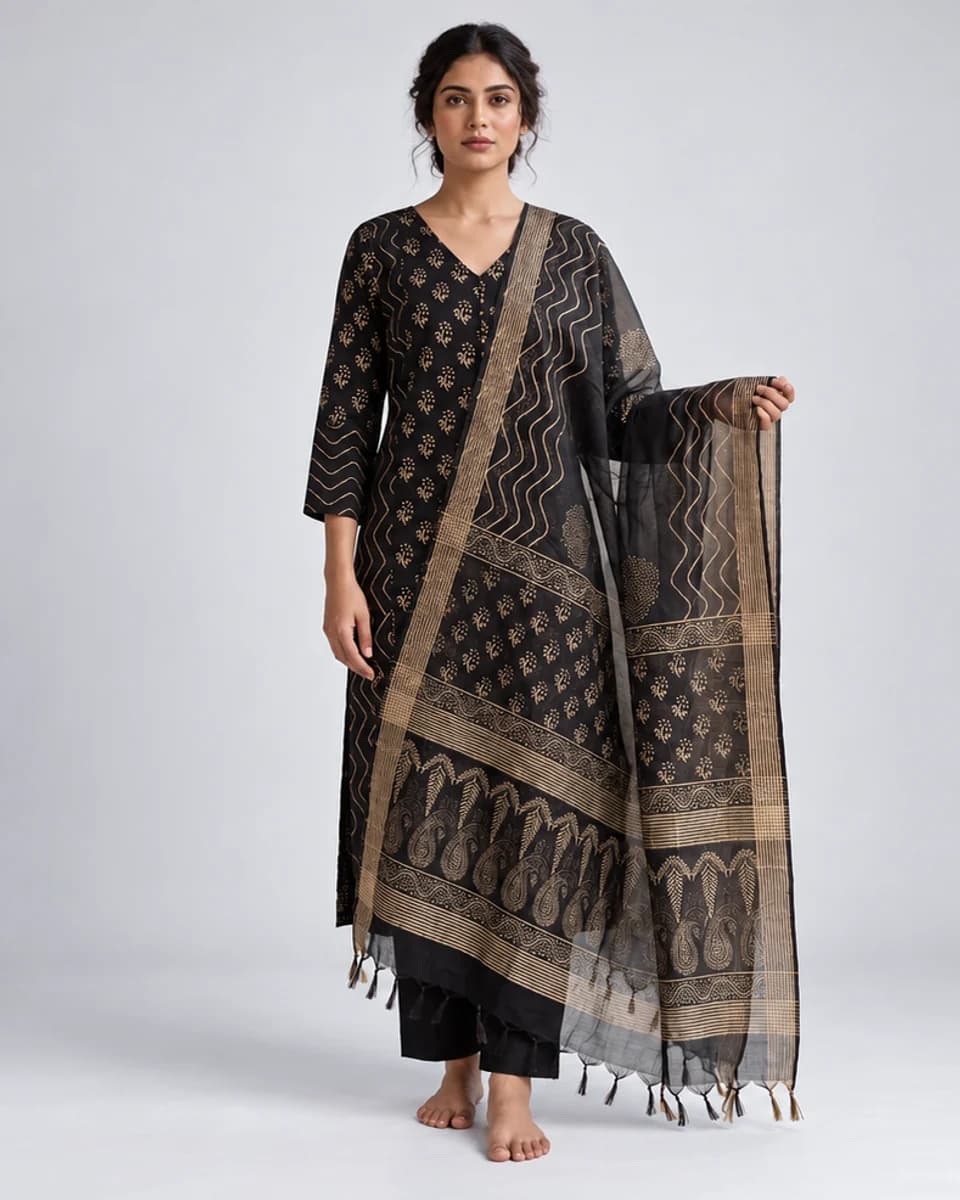 Noir Gold-Print Kurta Set, worn by a model