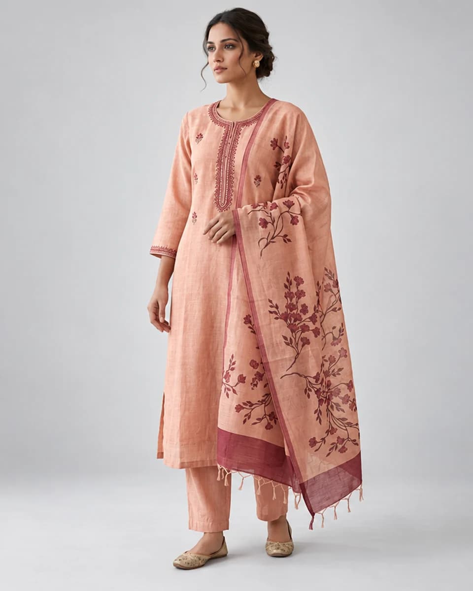 Peach Embroidered Kurta Set, worn by a model