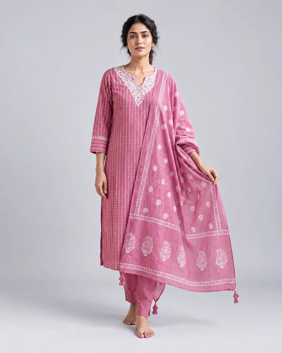 Pink Bandhani Kurta Set, worn by a model