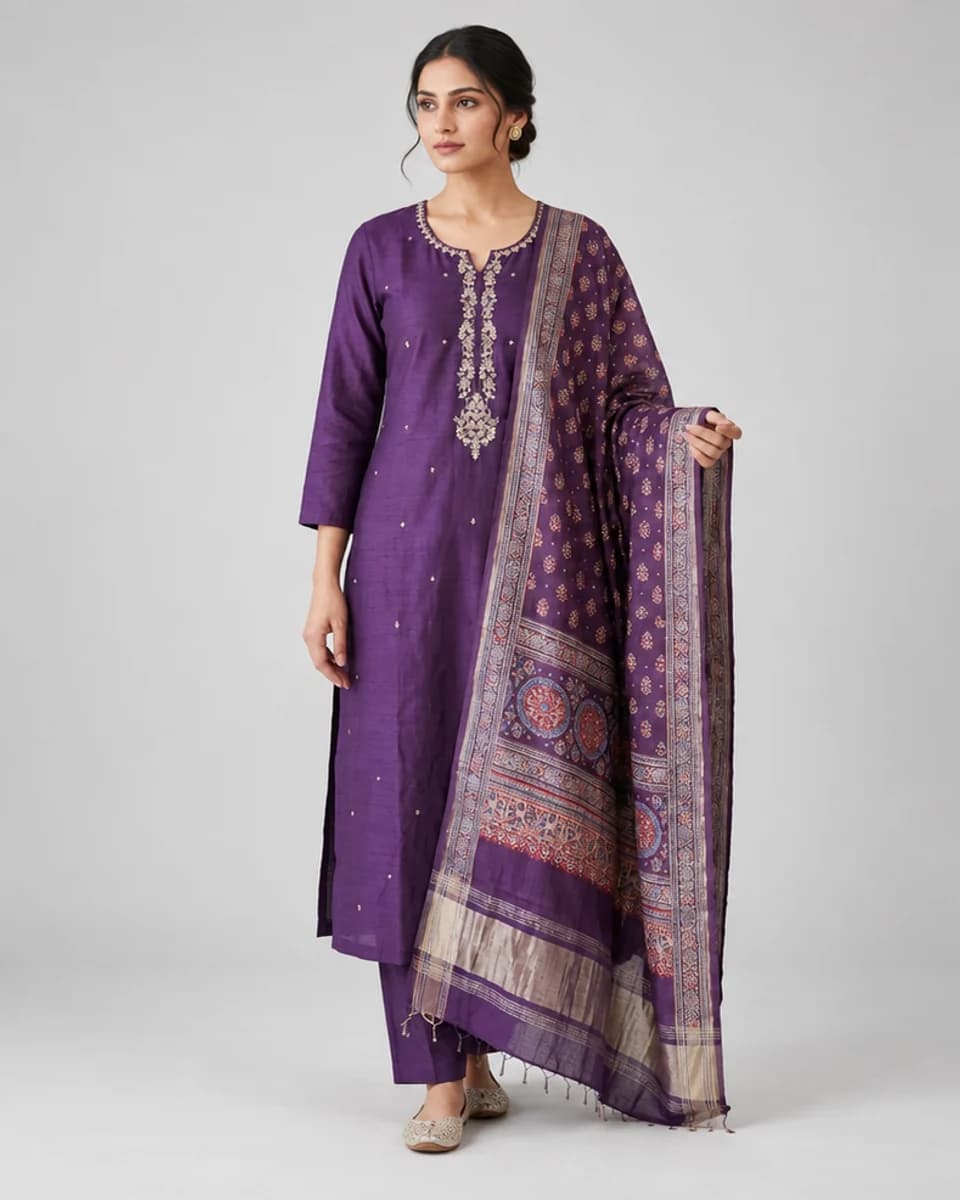 Purple Silk Embroidered Kurta Set, worn by a model