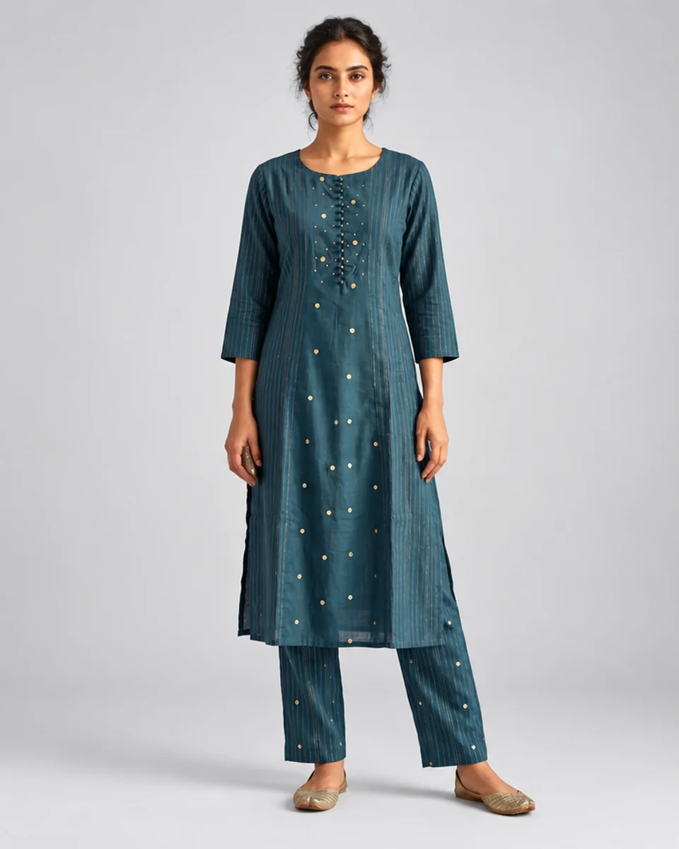 Teal Pinstripe Kurta Set, worn by a model
