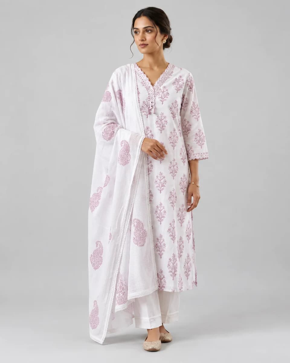 White Paisley Block Print Set, worn by a model