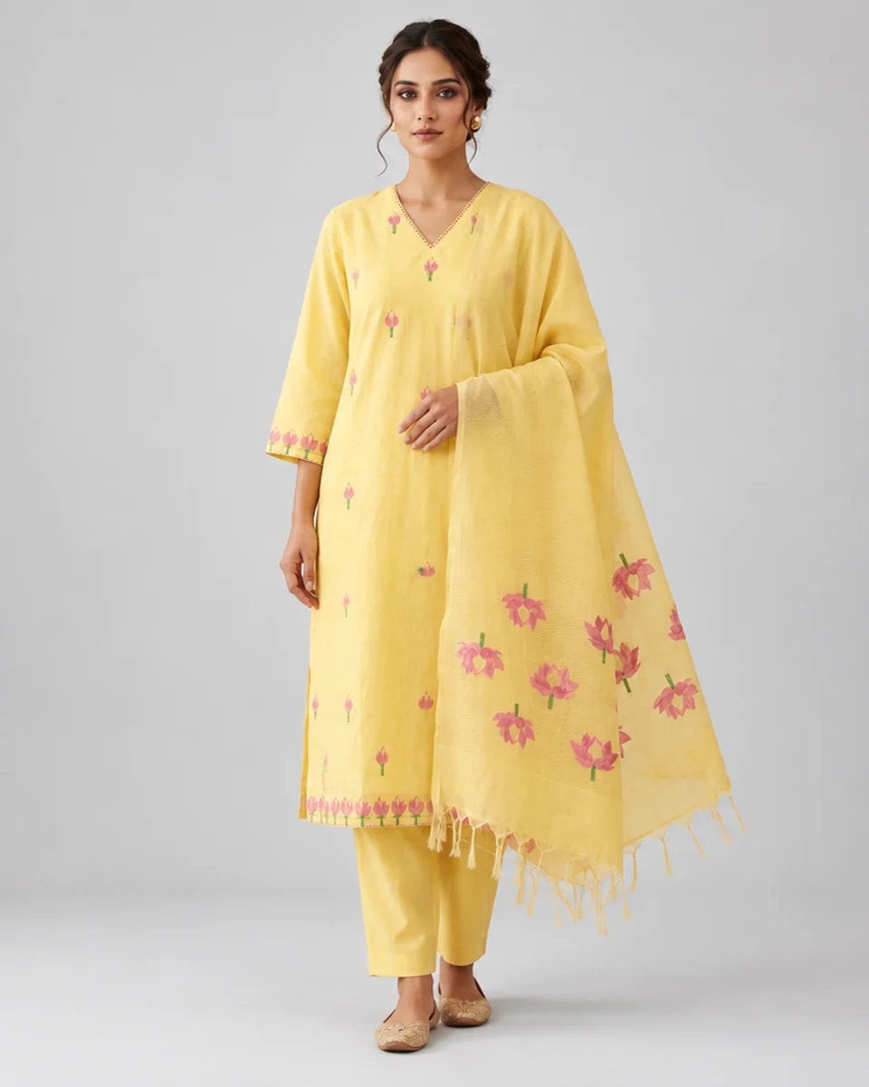 Yellow Lotus Embroidered Kurta Set, worn by a model