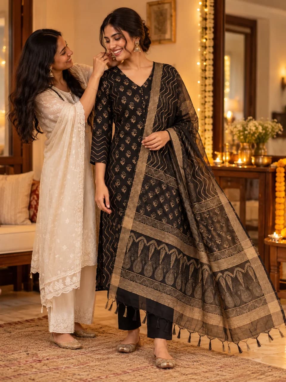 A friend helping with earrings before a celebration, alongside a woman wearing a black and gold kurta