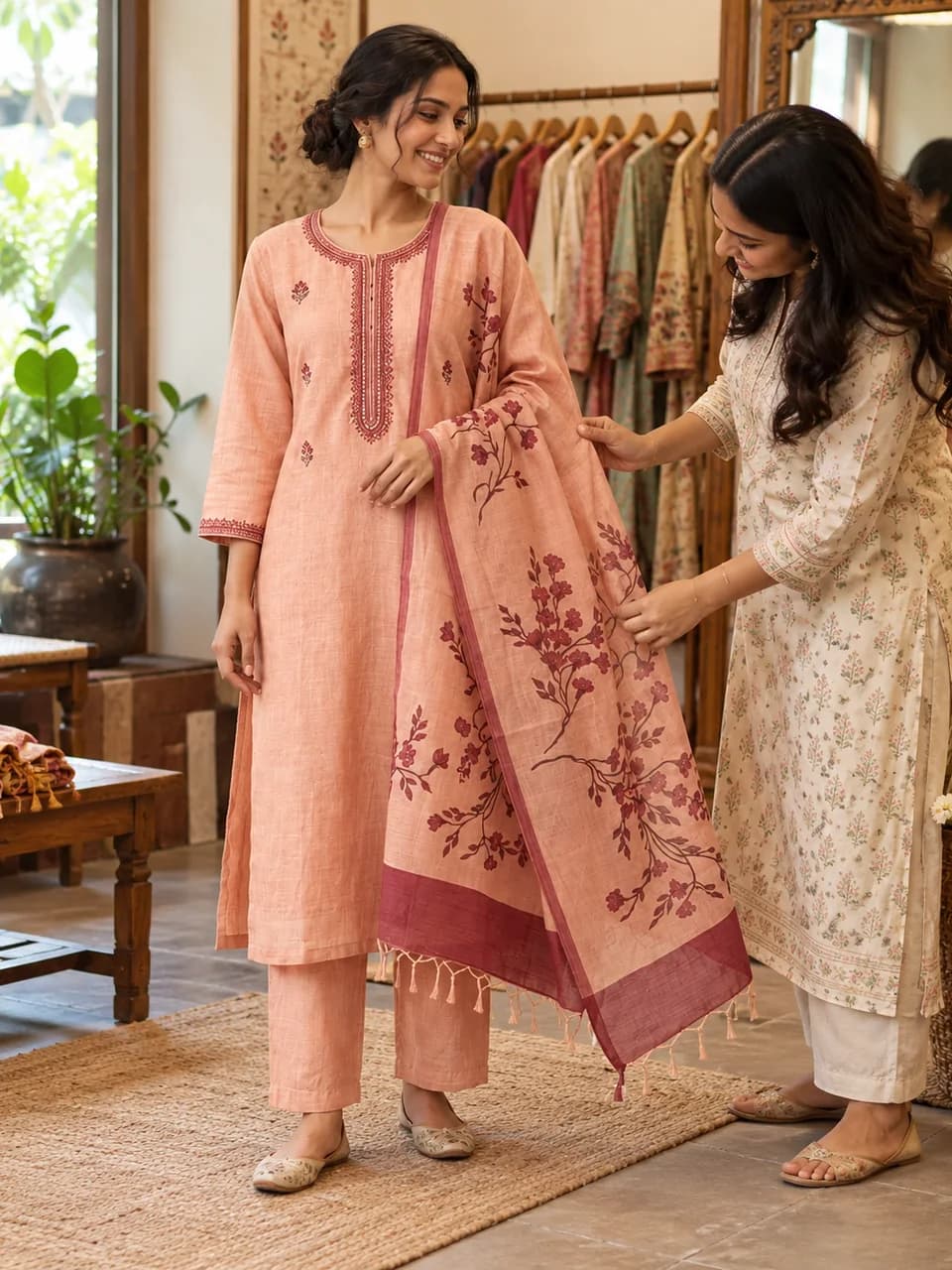 A friend gently adjusting a peach embroidered kurta dupatta in a boutique