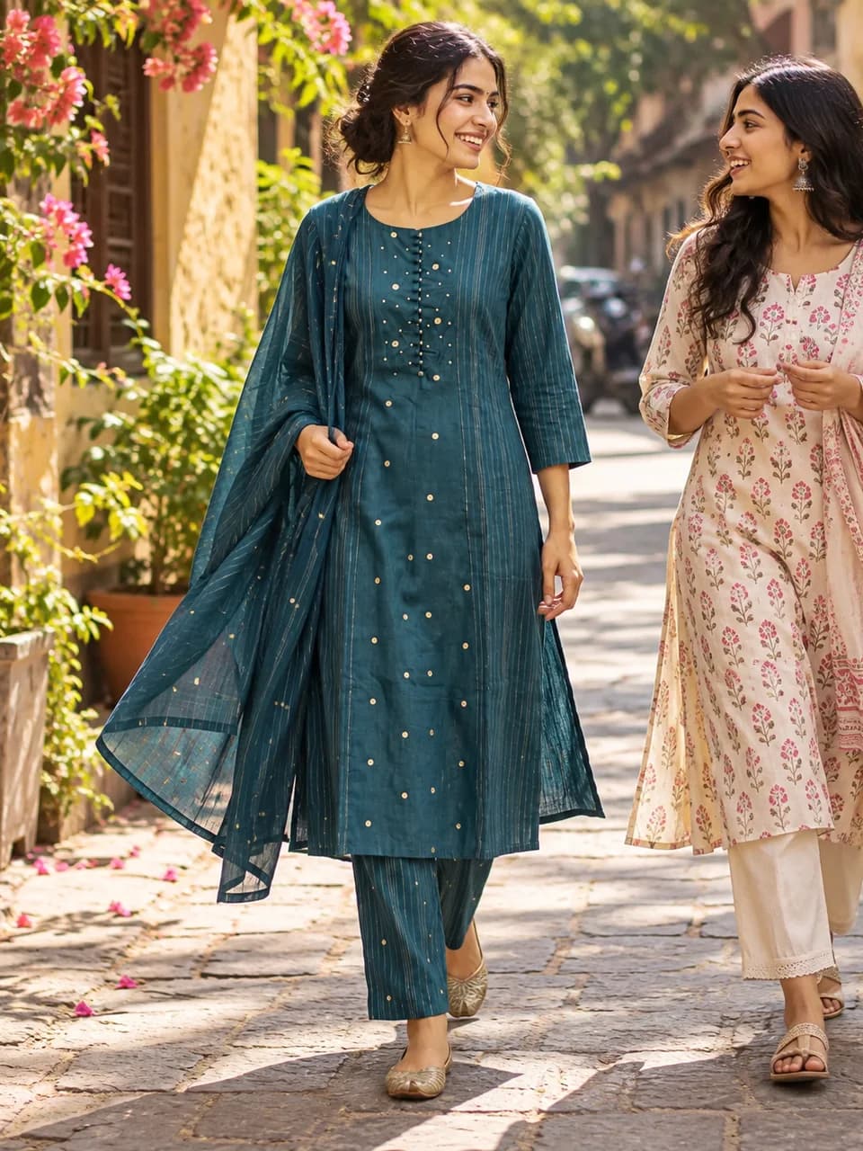 Two friends walking through a Pune lane in a teal pinstripe kurta