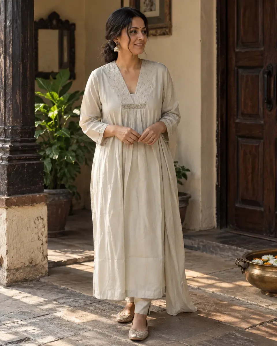 Moti Ivory Pleated Kurta Set, worn by a model