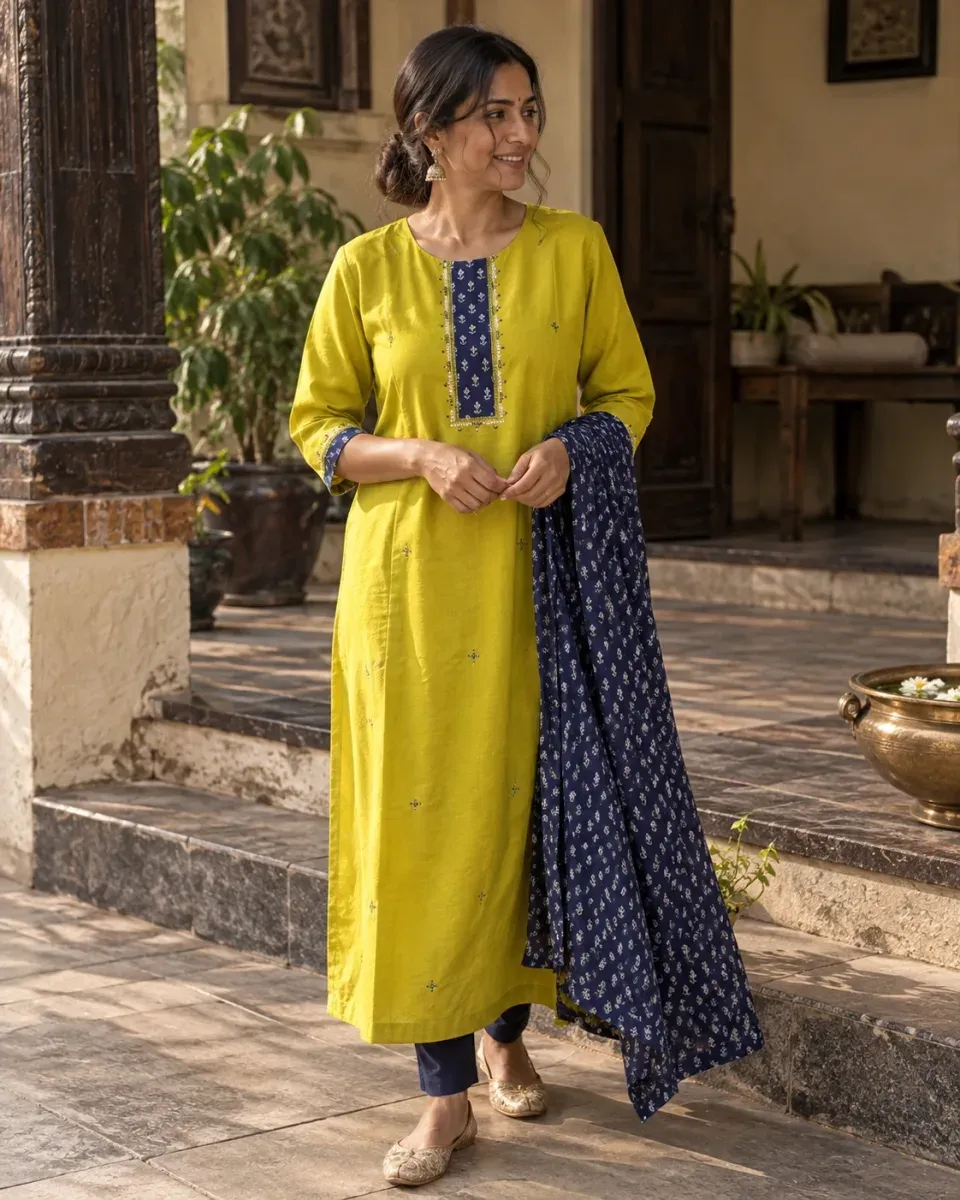 Neel Haldi Kurta Set, worn by a model