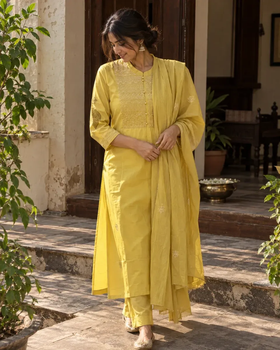 Champa Embroidered Yoke Kurta Set, worn by a model